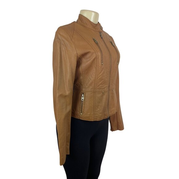 TCEC Women Tan Leather Jacket With Leopard Print Lining Szize M - Picture 2 of 10